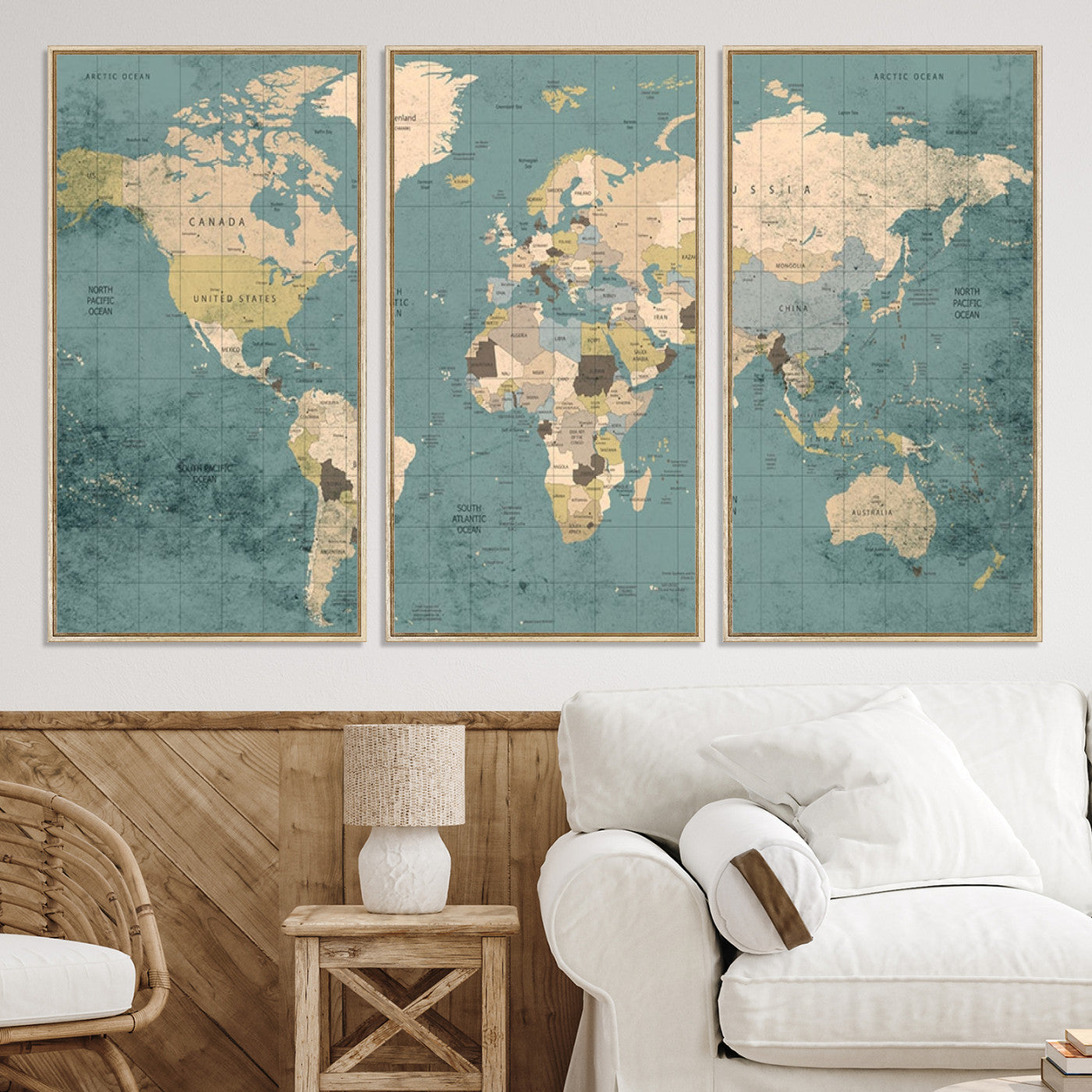 Classic World Map Wall Art Canvas Print, Framed Retro Map Art Picture Print, Vintage Atlas Perfect Rustic Explorer Decor Artwork