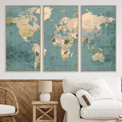 Classic World Map Wall Art Canvas Print, Framed Retro Map Art Picture Print, Vintage Atlas Perfect Rustic Explorer Decor Artwork