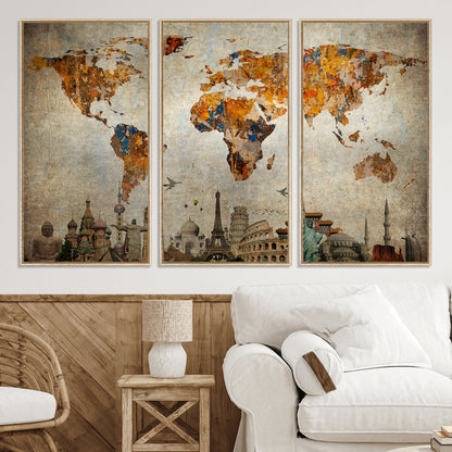 Push Pin World Map Canvas Print – Framed Wall Art for Couples to Track Their Travels – Anniversary Gift or Home Adventure Decor