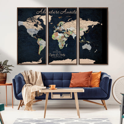 43186793-MGV-CV-30X20-Personalized World Map Print, Customizable Push Pin Framed World Map Print on Canvas - Custom Quote on Map Print