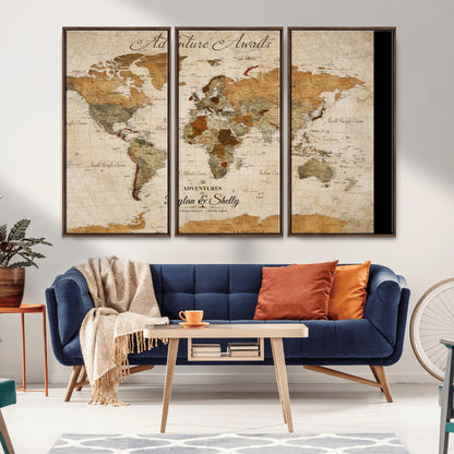 20810820-MGV-CV-30X20-Personalized World Map Print, Customizable Push Pin Framed World Map Print on Canvas - Custom Quote on Map Print