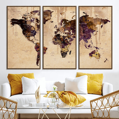 Push Pin World Map Canvas Print – Framed Wall Art for Couples to Track Their Travels – Anniversary Gift or Home Adventure Decor