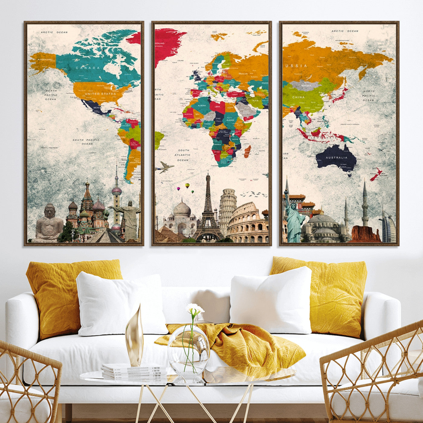 Push Pin World Map Canvas Print – Framed Wall Art for Couples to Track Their Travels – Anniversary Gift or Home Adventure Decor