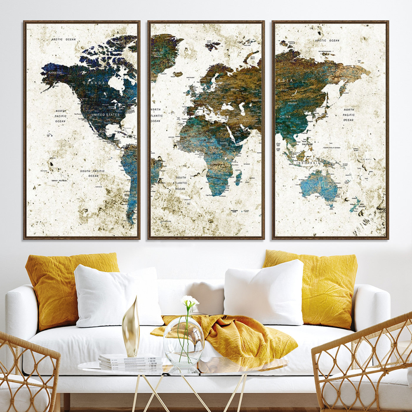 Vintage World Map Wall Art Canvas Print, Framed Rustic Earth Map Art Picture Print, Antique Map Perfect Rustic Vintage Decor Artwork