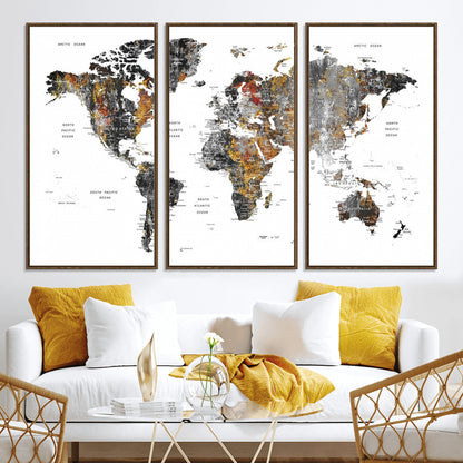 Push Pin World Map Canvas Print – Framed Wall Art for Couples to Track Their Travels – Anniversary Gift or Home Adventure Decor