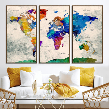 Push Pin World Map Canvas Print – Framed Wall Art for Couples to Track Their Travels – Anniversary Gift or Home Adventure Decor