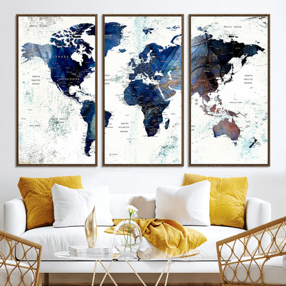 Push Pin World Map Canvas Print – Framed Wall Art for Couples to Track Their Travels – Anniversary Gift or Home Adventure Decor
