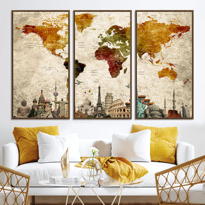 Push Pin World Map Canvas Print – Framed Wall Art for Couples to Track Their Travels – Anniversary Gift or Home Adventure Decor