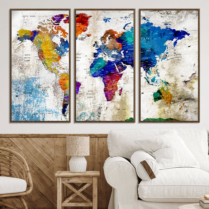 Push Pin World Map Canvas Print – Framed Wall Art for Couples to Track Their Travels – Anniversary Gift or Home Adventure Decor