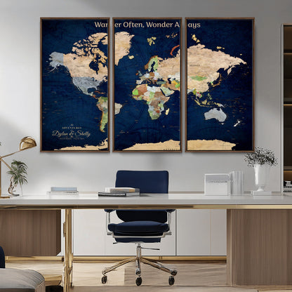 12399561-MGV-CV-30X20-Personalized World Map Print, Customizable Push Pin Framed World Map Print on Canvas - Custom Quote on Map Print