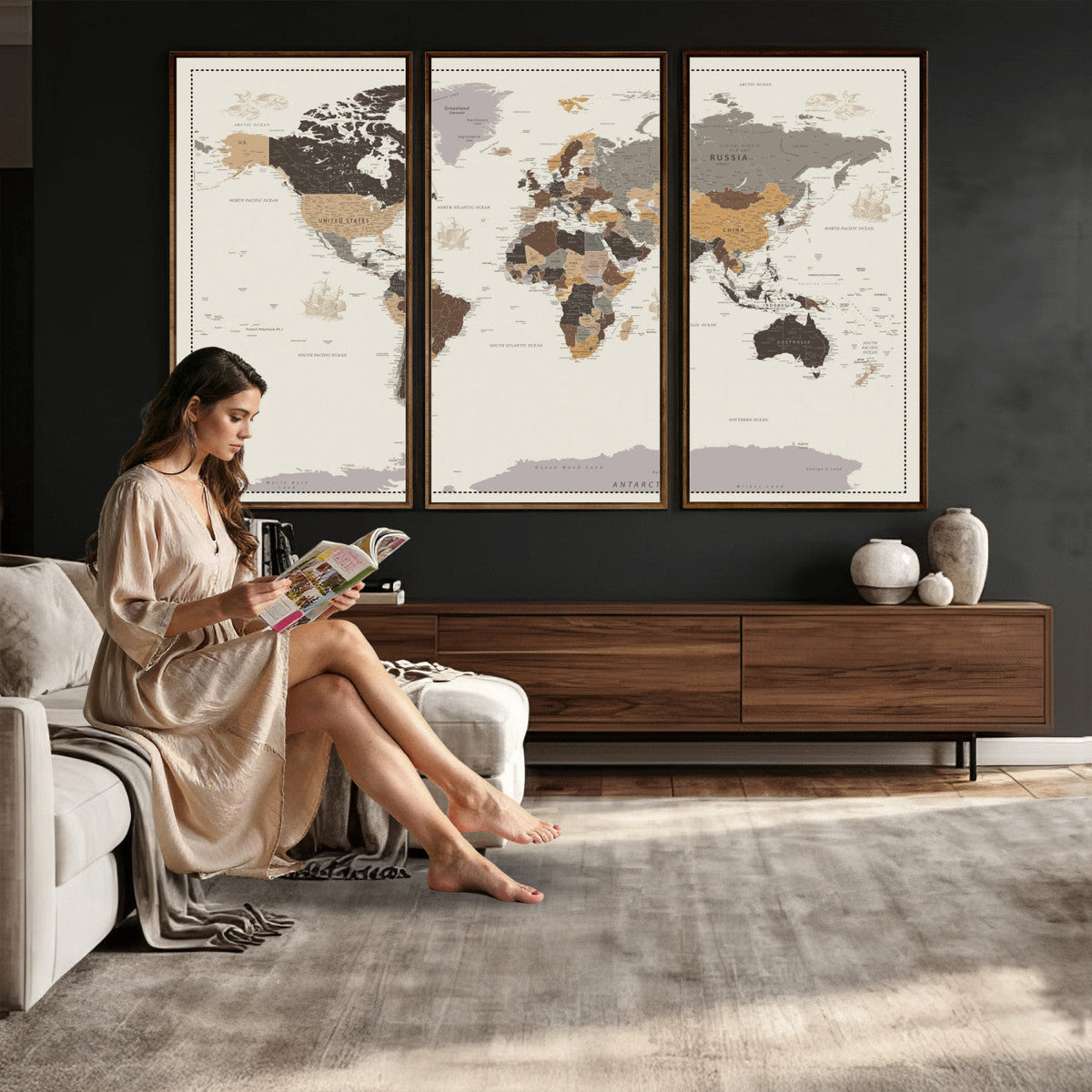 58777746-MGV-CV-36X24 - Custom Beige Modern Push Pin World Map Canvas Print, Places Visited Tracker, Bedroom and Study Decor