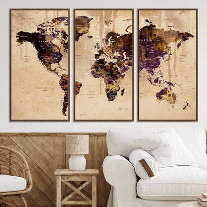 Push Pin World Map Canvas Print – Framed Wall Art for Couples to Track Their Travels – Anniversary Gift or Home Adventure Decor