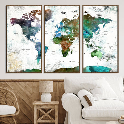 Push Pin World Map Canvas Print – Framed Wall Art for Couples to Track Their Travels – Anniversary Gift or Home Adventure Decor
