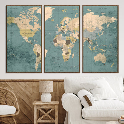 Classic World Map Wall Art Canvas Print, Framed Retro Map Art Picture Print, Vintage Atlas Perfect Rustic Explorer Decor Artwork