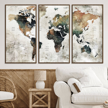 Push Pin World Map Canvas Print – Framed Wall Art for Couples to Track Their Travels – Anniversary Gift or Home Adventure Decor