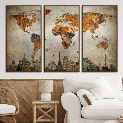 Push Pin World Map Canvas Print – Framed Wall Art for Couples to Track Their Travels – Anniversary Gift or Home Adventure Decor