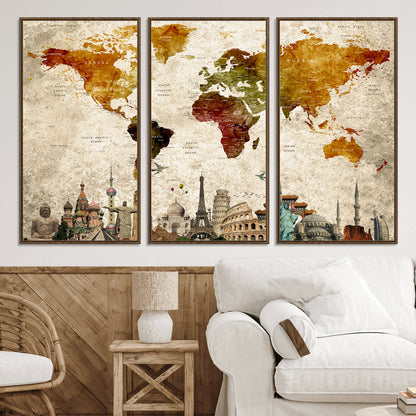 Push Pin World Map Canvas Print – Framed Wall Art for Couples to Track Their Travels – Anniversary Gift or Home Adventure Decor