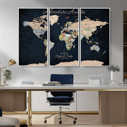 43186793-MGV-CV-30X20-Personalized World Map Print, Customizable Push Pin Framed World Map Print on Canvas - Custom Quote on Map Print