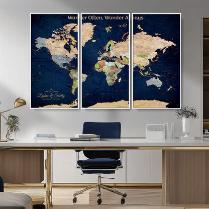 12399561-MGV-CV-30X20-Personalized World Map Print, Customizable Push Pin Framed World Map Print on Canvas - Custom Quote on Map Print