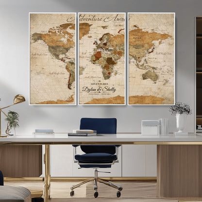20810820-MGV-CV-30X20-Personalized World Map Print, Customizable Push Pin Framed World Map Print on Canvas - Custom Quote on Map Print