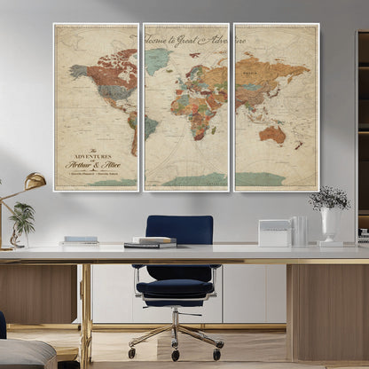 17587858-MGV-CV-36X24-Custom Push Pin World Map Wall Canvas Print – Personalized Travel Tracker with Pins – Framed Custom Quotie Canvas for Home Office Decor