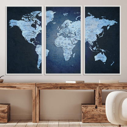 Push Pin World Map Canvas Print – Framed Wall Art for Couples to Track Their Travels – Anniversary Gift or Home Adventure Decor