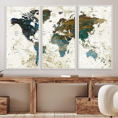 Vintage World Map Wall Art Canvas Print, Framed Rustic Earth Map Art Picture Print, Antique Map Perfect Rustic Vintage Decor Artwork