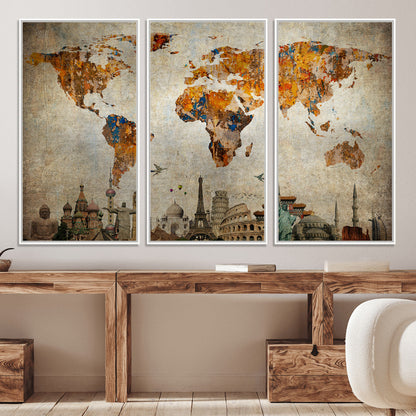 Push Pin World Map Canvas Print – Framed Wall Art for Couples to Track Their Travels – Anniversary Gift or Home Adventure Decor