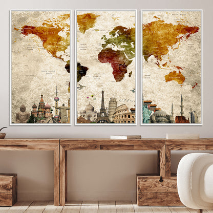 Push Pin World Map Canvas Print – Framed Wall Art for Couples to Track Their Travels – Anniversary Gift or Home Adventure Decor