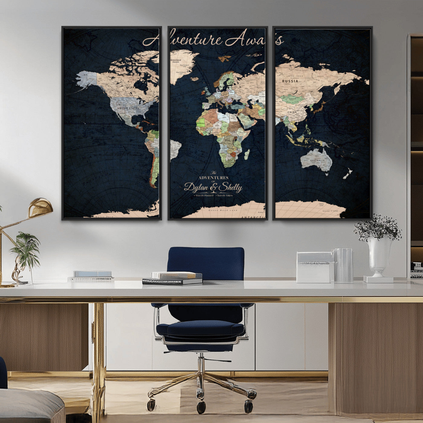 43186793-MGV-CV-30X20-Personalized World Map Print, Customizable Push Pin Framed World Map Print on Canvas - Custom Quote on Map Print