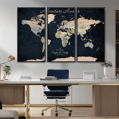 43186793-MGV-CV-30X20-Personalized World Map Print, Customizable Push Pin Framed World Map Print on Canvas - Custom Quote on Map Print