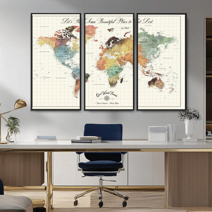 29289638-MGV-CV-36X24-Personalized World Map Print - Customizable Push Pin Framed World Map Print on Canvas - Custom Quote on Map Print