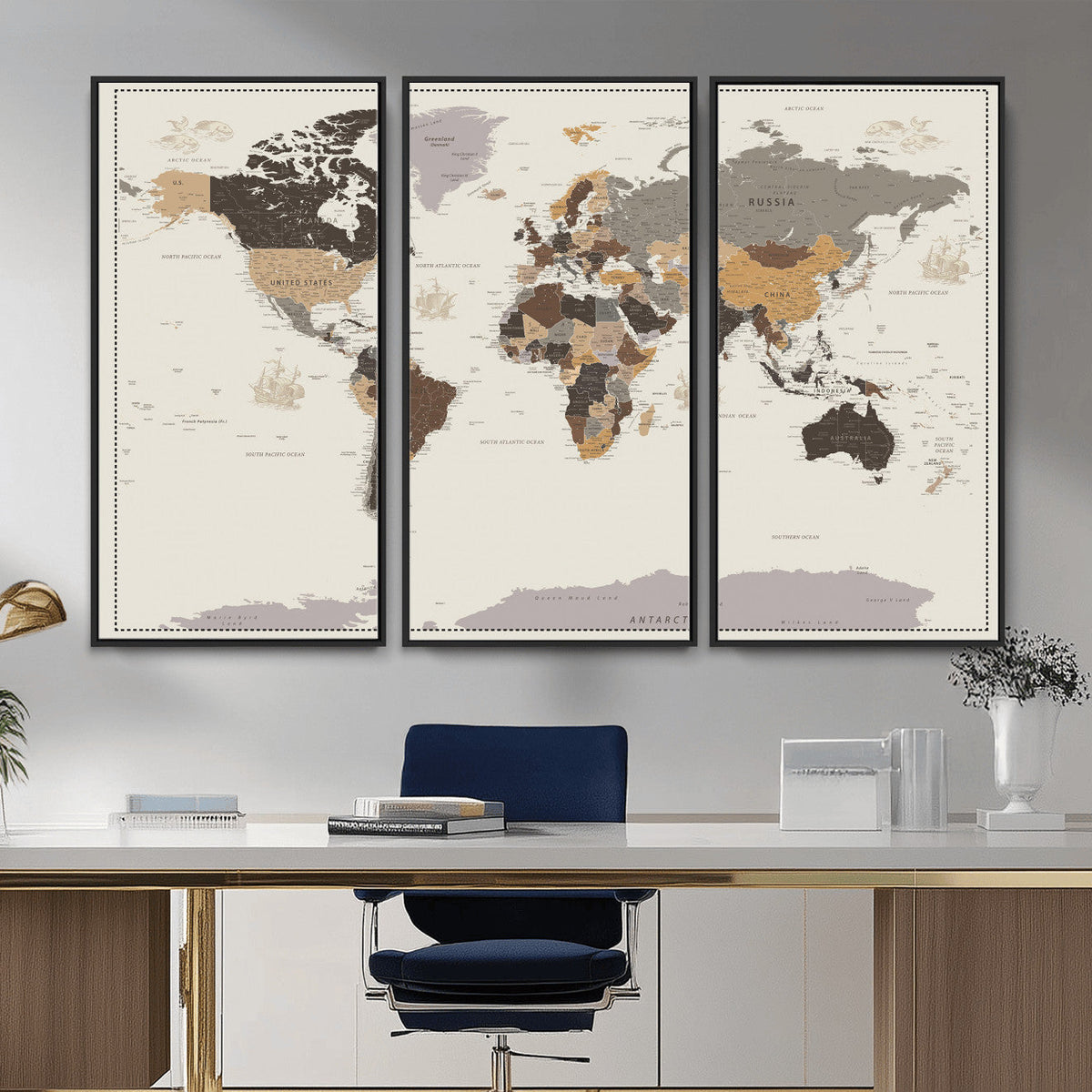 58777746-MGV-CV-36X24 - Custom Beige Modern Push Pin World Map Canvas Print, Places Visited Tracker, Bedroom and Study Decor