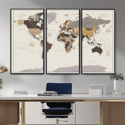 58777746-MGV-CV-36X24 - Custom Beige Modern Push Pin World Map Canvas Print, Places Visited Tracker, Bedroom and Study Decor