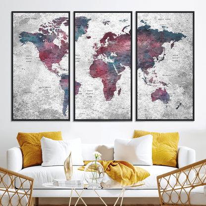 Push Pin World Map Canvas Print – Framed Wall Art for Couples to Track Their Travels – Anniversary Gift or Home Adventure Decor