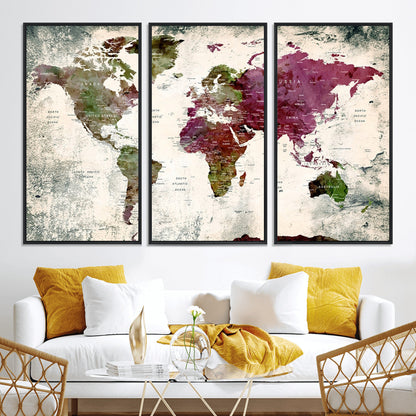 Push Pin World Map Canvas Print – Framed Wall Art for Couples to Track Their Travels – Anniversary Gift or Home Adventure Decor