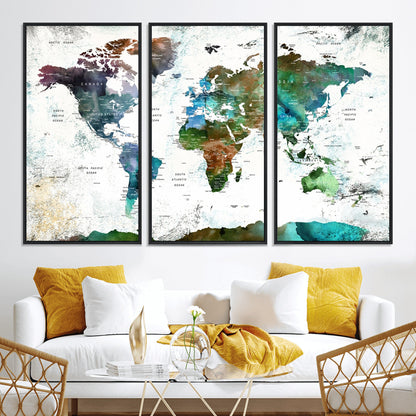 Push Pin World Map Canvas Print – Framed Wall Art for Couples to Track Their Travels – Anniversary Gift or Home Adventure Decor