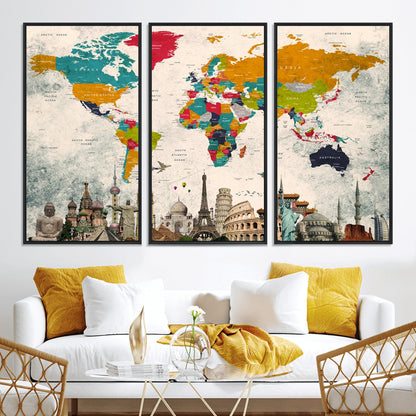 Push Pin World Map Canvas Print – Framed Wall Art for Couples to Track Their Travels – Anniversary Gift or Home Adventure Decor