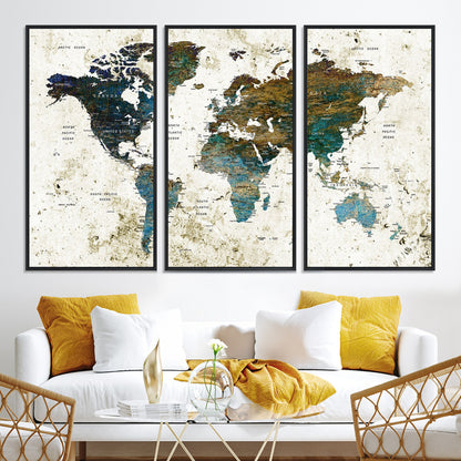 Vintage World Map Wall Art Canvas Print, Framed Rustic Earth Map Art Picture Print, Antique Map Perfect Rustic Vintage Decor Artwork