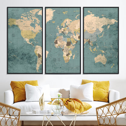 Classic World Map Wall Art Canvas Print, Framed Retro Map Art Picture Print, Vintage Atlas Perfect Rustic Explorer Decor Artwork