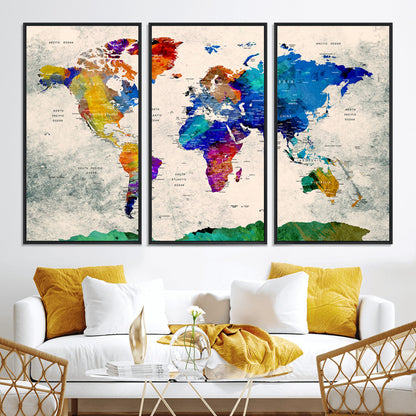 Push Pin World Map Canvas Print – Framed Wall Art for Couples to Track Their Travels – Anniversary Gift or Home Adventure Decor