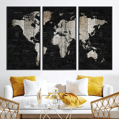 Push Pin World Map Canvas Print – Framed Wall Art for Couples to Track Their Travels – Anniversary Gift or Home Adventure Decor