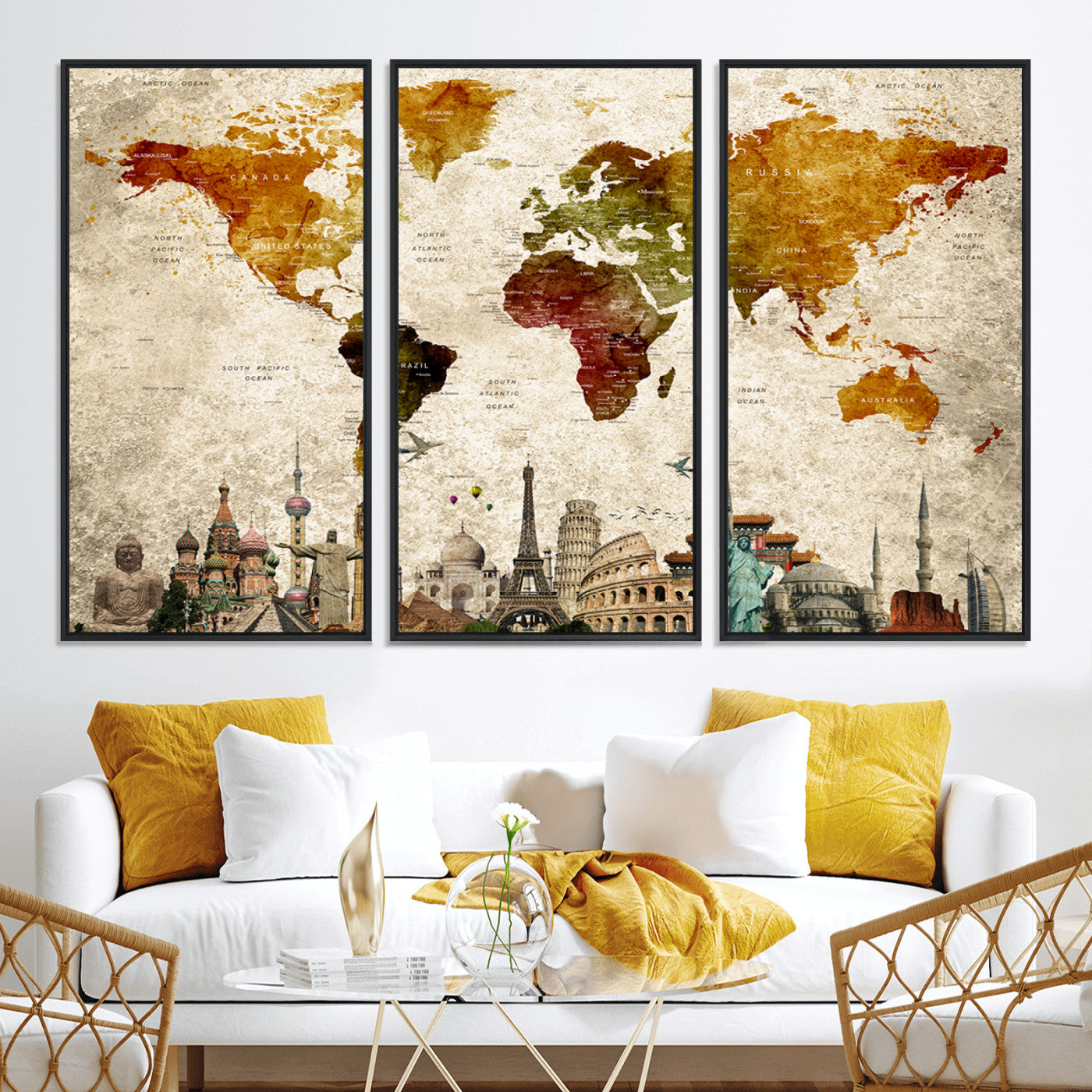 Push Pin World Map Canvas Print – Framed Wall Art for Couples to Track Their Travels – Anniversary Gift or Home Adventure Decor