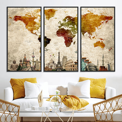 Push Pin World Map Canvas Print – Framed Wall Art for Couples to Track Their Travels – Anniversary Gift or Home Adventure Decor