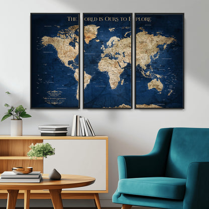 Custom World Map Wall Art – Personalized Framed Canvas Print with Push Pins for Travel Tracking, Anniversary or Couple Gift Ideas - H2-2