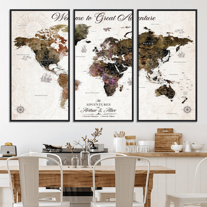 35778202-MGV-CV-36X24-Custom Push Pin World Map Wall Canvas Print – Personalized Travel Map with Pins – Framed Large Canvas for Home Office Decor