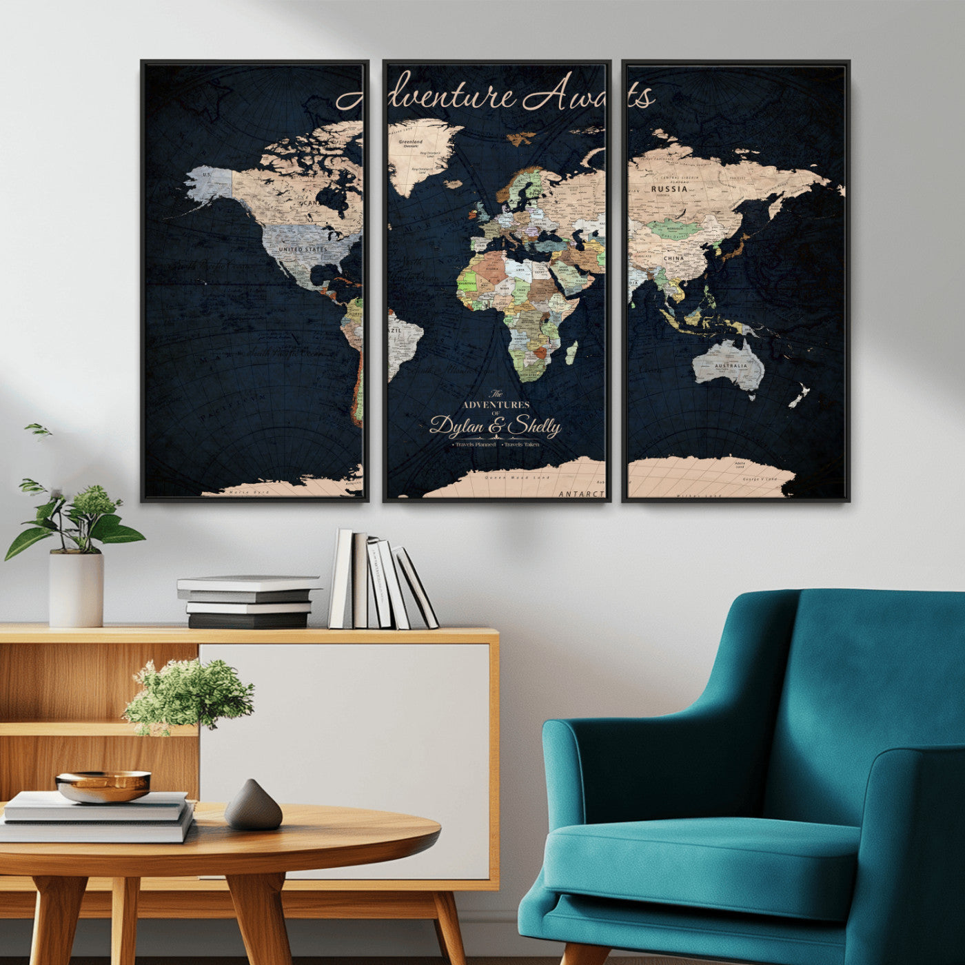 43186793-MGV-CV-30X20-Personalized World Map Print, Customizable Push Pin Framed World Map Print on Canvas - Custom Quote on Map Print