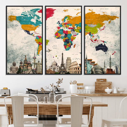Push Pin World Map Canvas Print – Framed Wall Art for Couples to Track Their Travels – Anniversary Gift or Home Adventure Decor