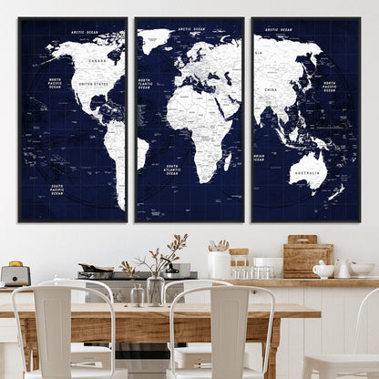 Push Pin World Map Canvas Print – Framed Wall Art for Couples to Track Their Travels – Anniversary Gift or Home Adventure Decor