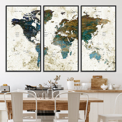 Vintage World Map Wall Art Canvas Print, Framed Rustic Earth Map Art Picture Print, Antique Map Perfect Rustic Vintage Decor Artwork